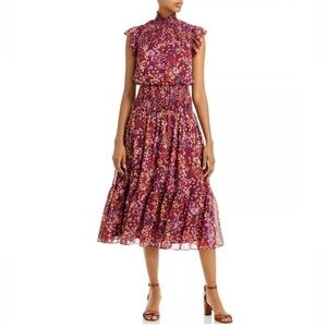 Aqua Floral Print Smocked Midi Dress Small